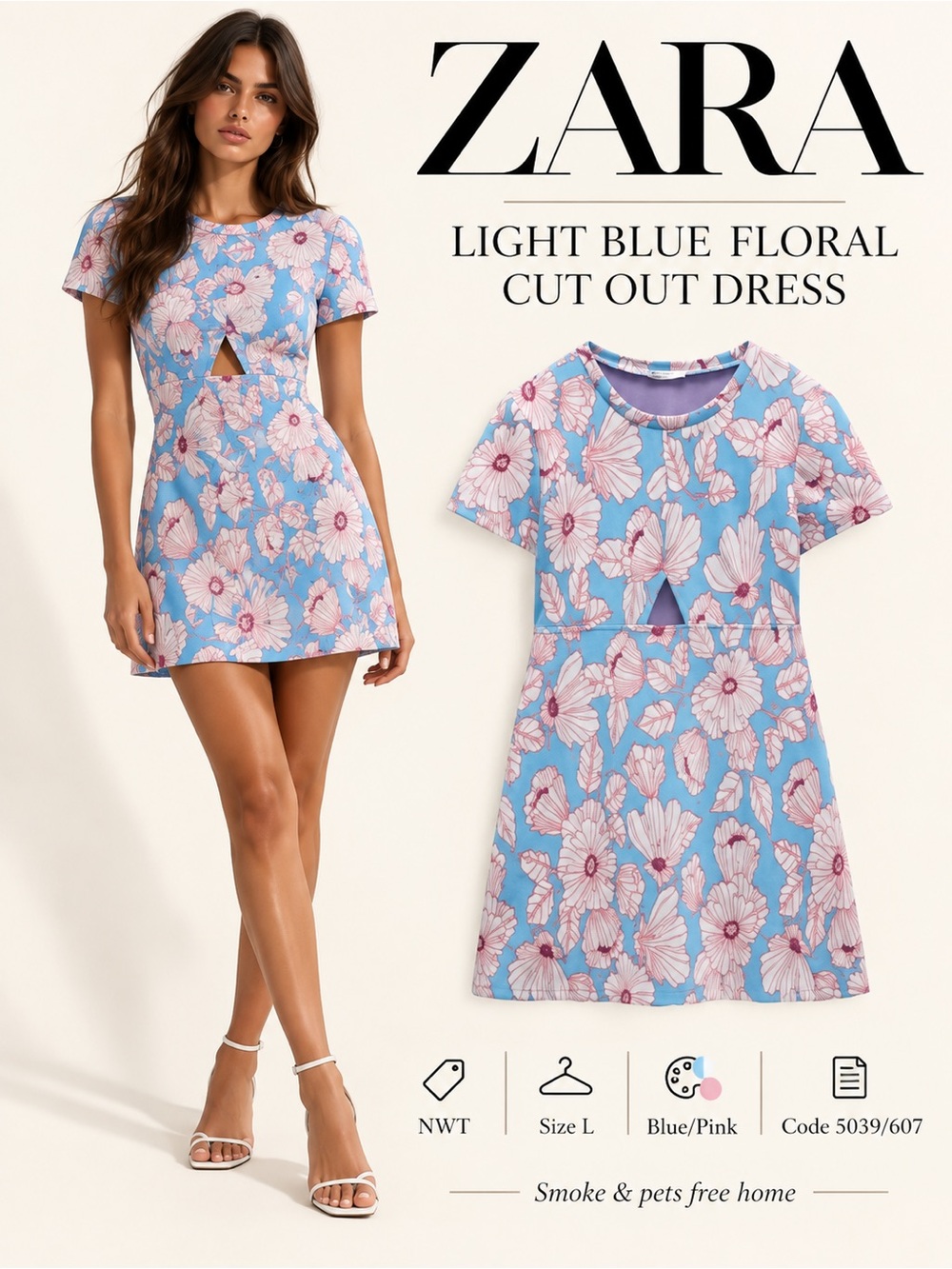 ZARA Light Blue Floral Jacquard Cut Out Mini Dress Size L NWT